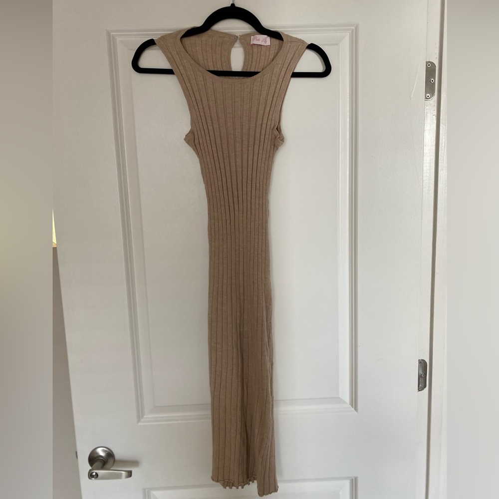 Pink Lily Tan Sleeveless Ribbed Dress